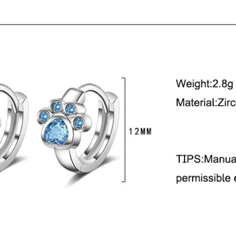 NEW Silver Blue Cute Cat Paw Hoop Earrings - Picture 7 of 7